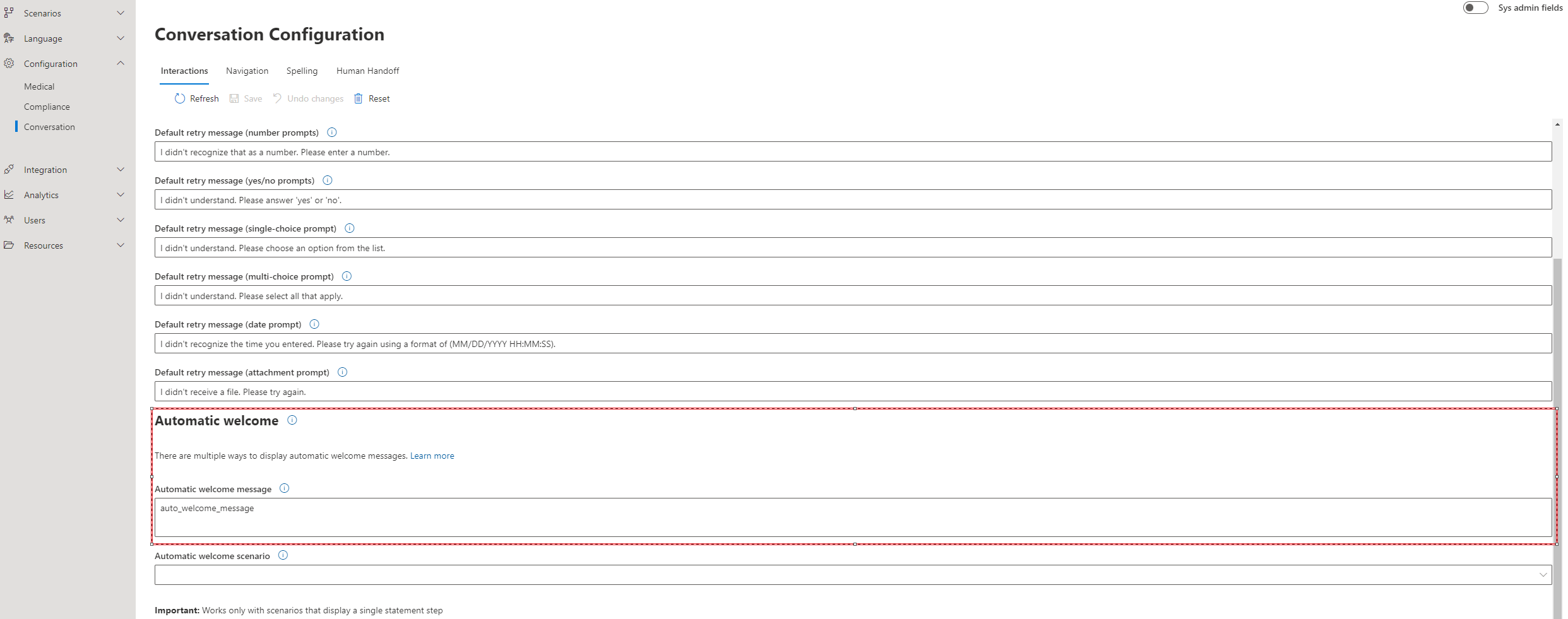 A screenshot of the automatic welcome message configuration