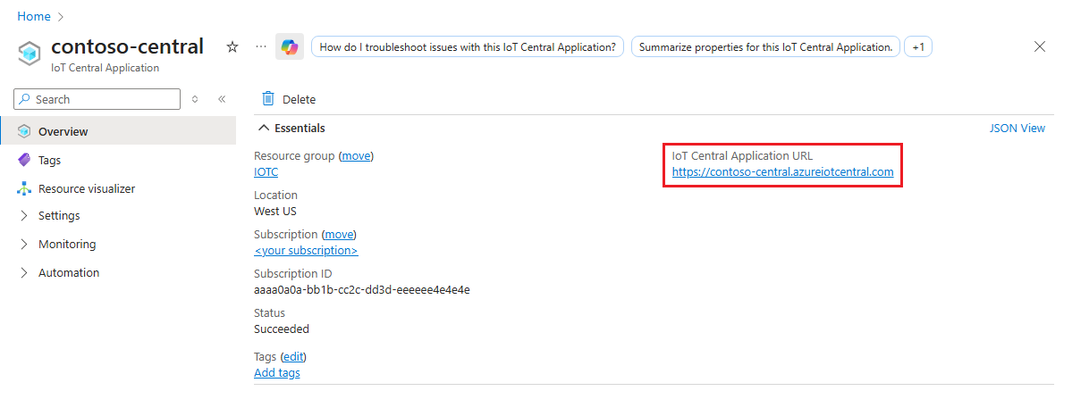 Screenshot that shows the IoT Central application resource in the Azure portal. The application URL is highlighted.