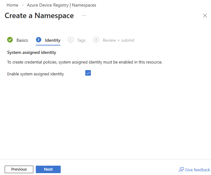 Screen capture that shows how to enable a system-assigned managed identity for an ADR namespace in the Azure portal.