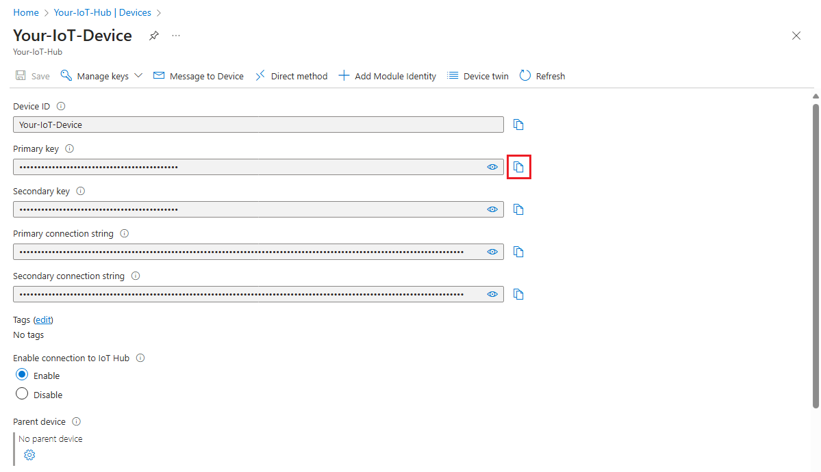 Screenshot that shows how to copy the primary key for an IoT device from the device details page in the Azure portal.