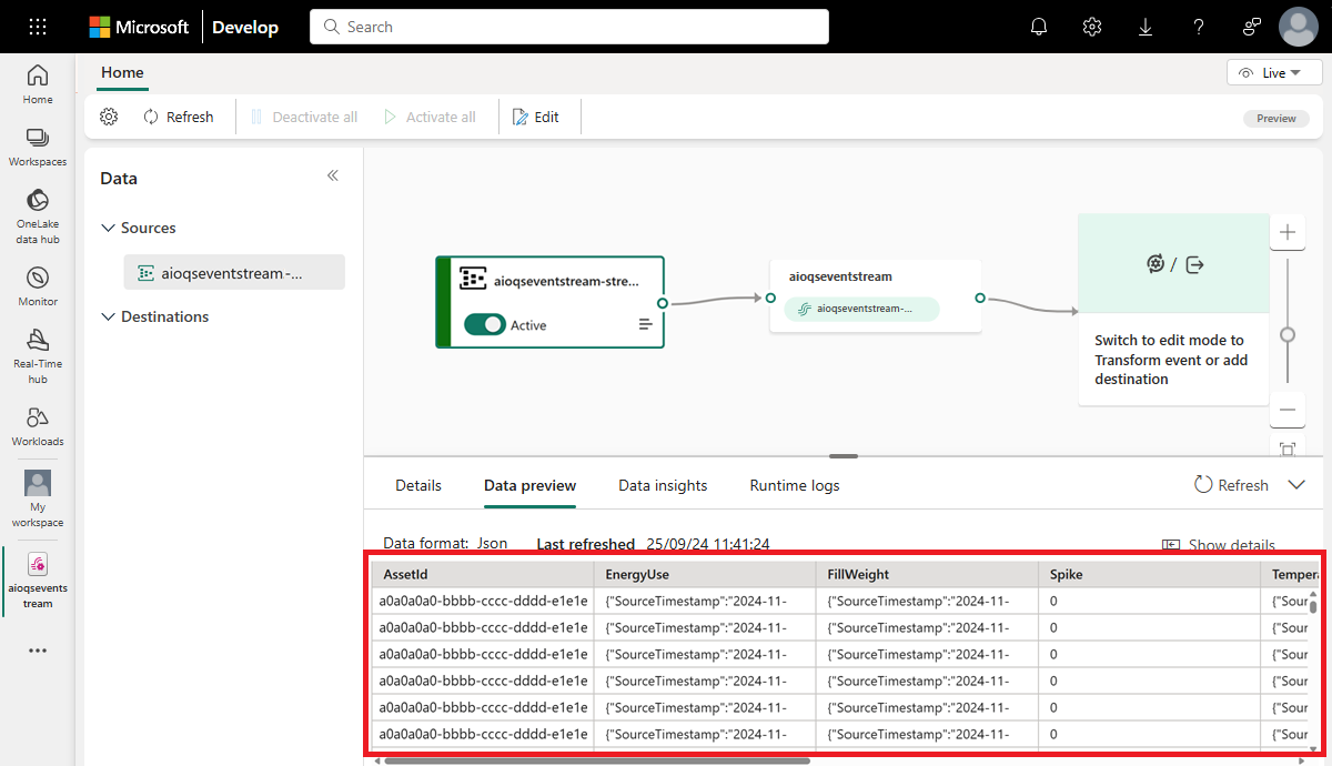 Screenshot of the eventstream with data from the AzureEventHub source.