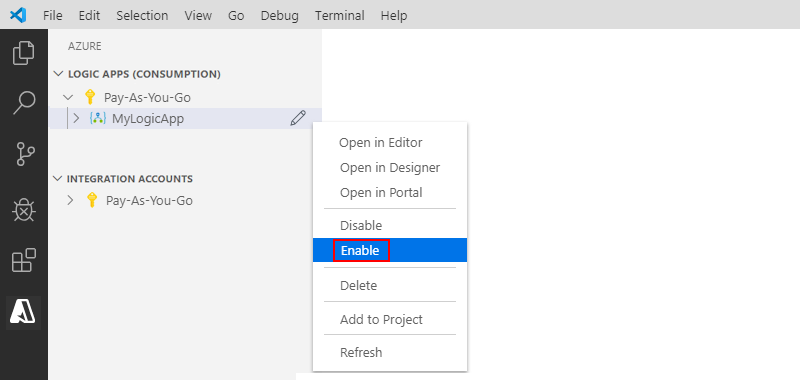 Screenshot that shows Visual Studio Code and how to enable a logic app resource.