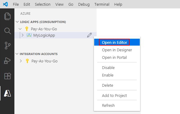 Screenshot that shows Azure window, logic app shortcut menu, and Open in Editor selected.