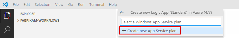 Screenshot shows the prompt to enter a name for new hosting plan and selected option to Create new App Service plan.