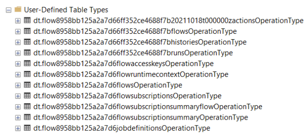 Screenshot shows SQL user-defined table types created by the single-tenant Azure Logic Apps runtime.