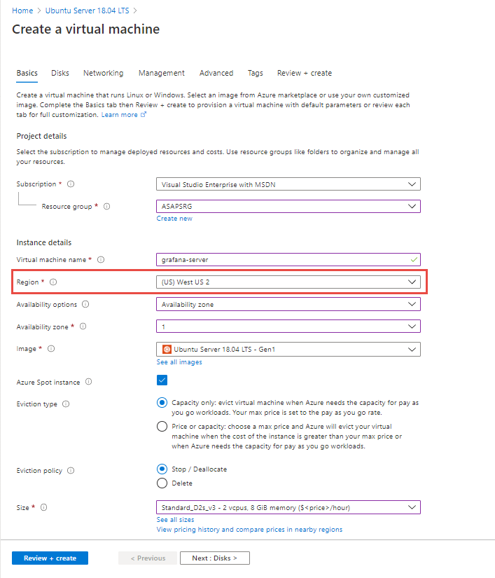 Screenshot that shows filling out the form to create a VM with the Ubuntu server image.