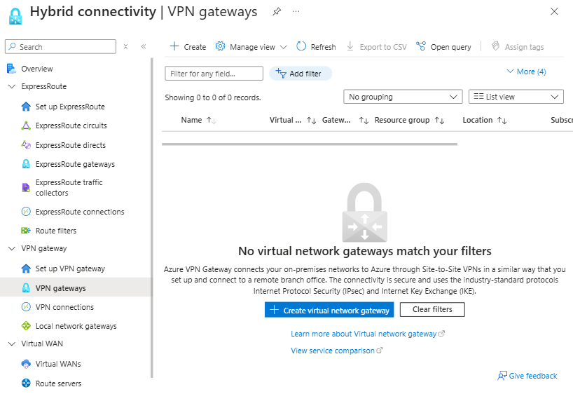 Screenshot showing the management of VPN Gateway, ExpressRoute, and Virtual WAN resources from the hybrid connectivity hub page.