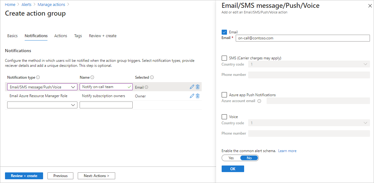 Screenshot showing email, SMS message, push, and voice settings for the alert.