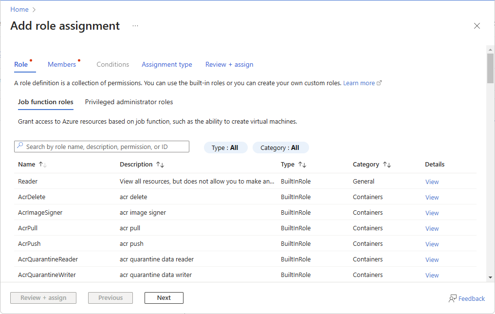 Screenshot showing RBAC assignment page.