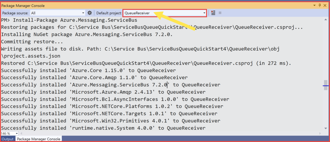 Screenshot of QueueReceiver project selected in the Package Manager Console.