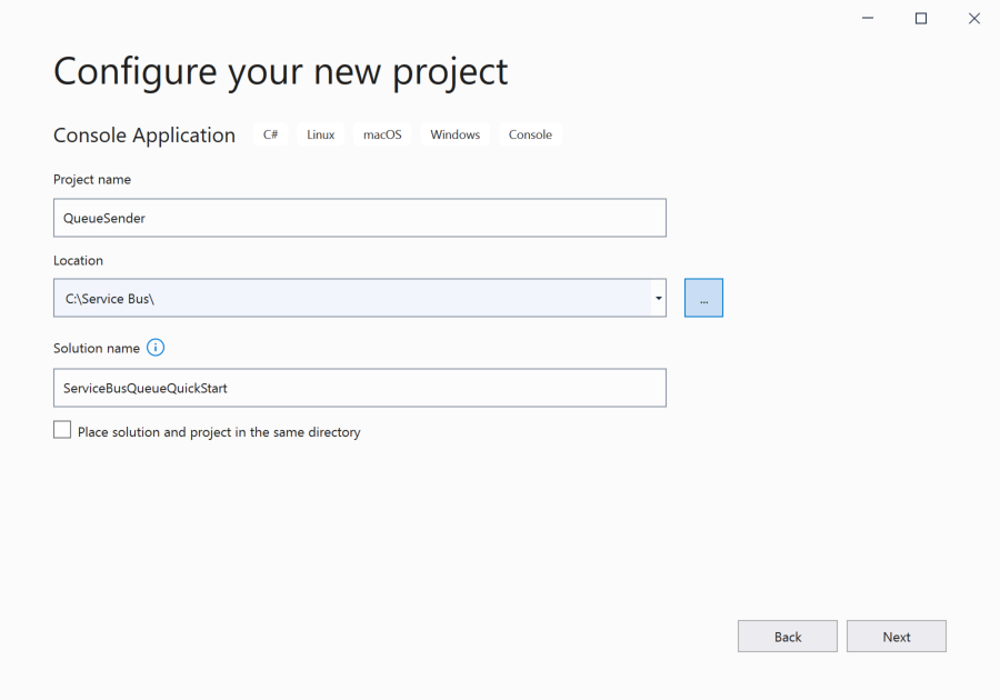 Screenshot of the solution and project names in the Configure your new project dialog box.
