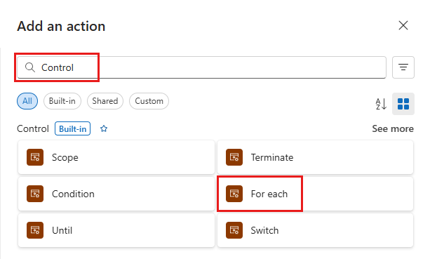 Screenshot that shows the For-each operation selected.
