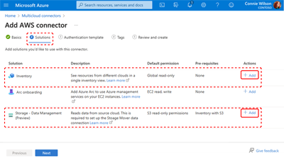 A screen capture showing the Multicloud Connector creation page with the Inventory tab selected and required Inventory objects displayed.