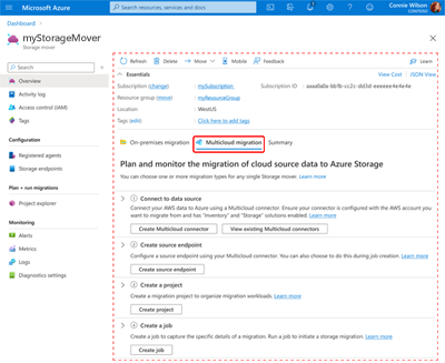 A screen capture showing the Storage Mover Overview page with the Multicloud Migration tab selected and required fields displayed.