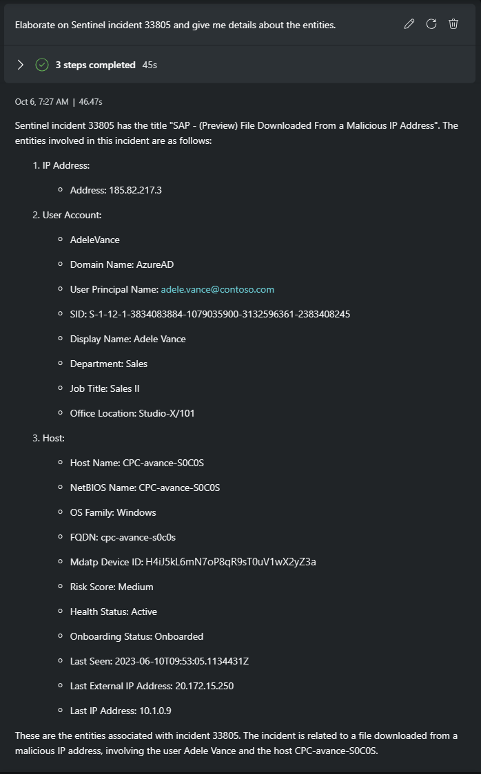 Screenshot showing Microsoft Sentinel incident summary.