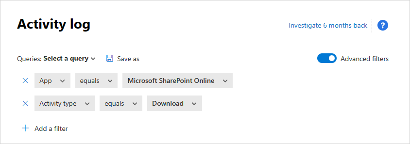 Screenshot that shows the advanced activity log filter.