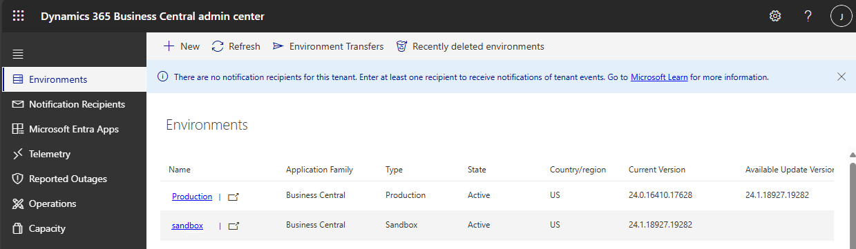 Screenshot of the Business Central admin center.