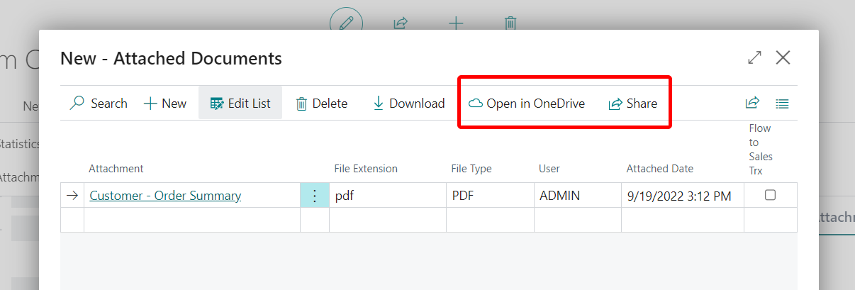 The Open in OneDrive and Share actions for attachments.