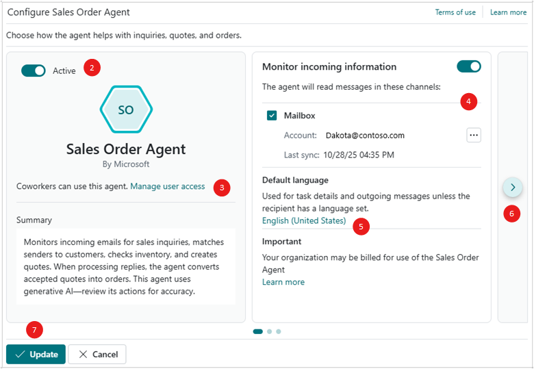 Shows the Sales Order Agent configuration page Shows the Sales Order Agent configuration page