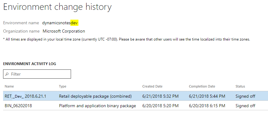 Screenshot of the environment change history.