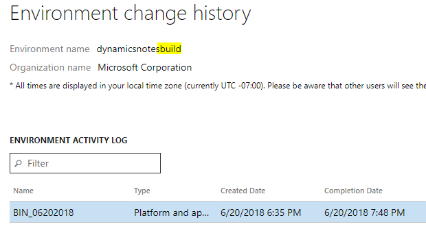 Screenshot of the environment change history for build.
