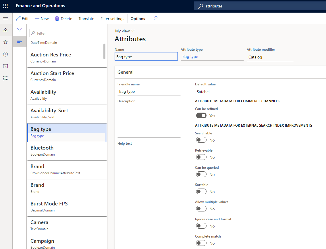 Screenshot of the Attributes page in Commerce headquarters.