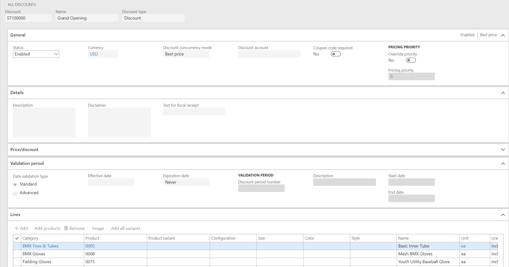 Screenshot of discount properties.