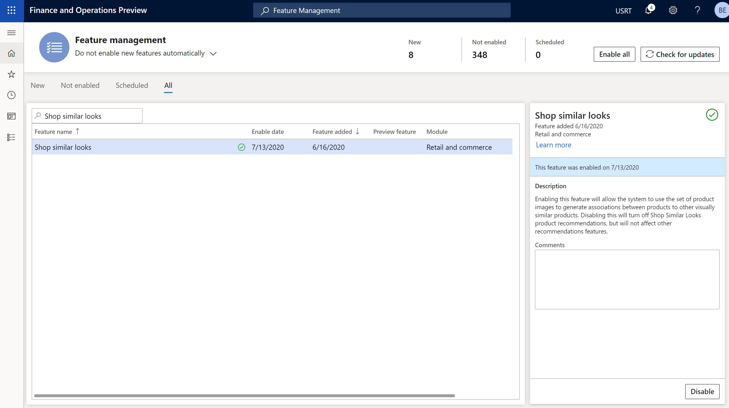 Screenshot of the Shop similar looks feature on the Feature management page in Commerce headquarters.