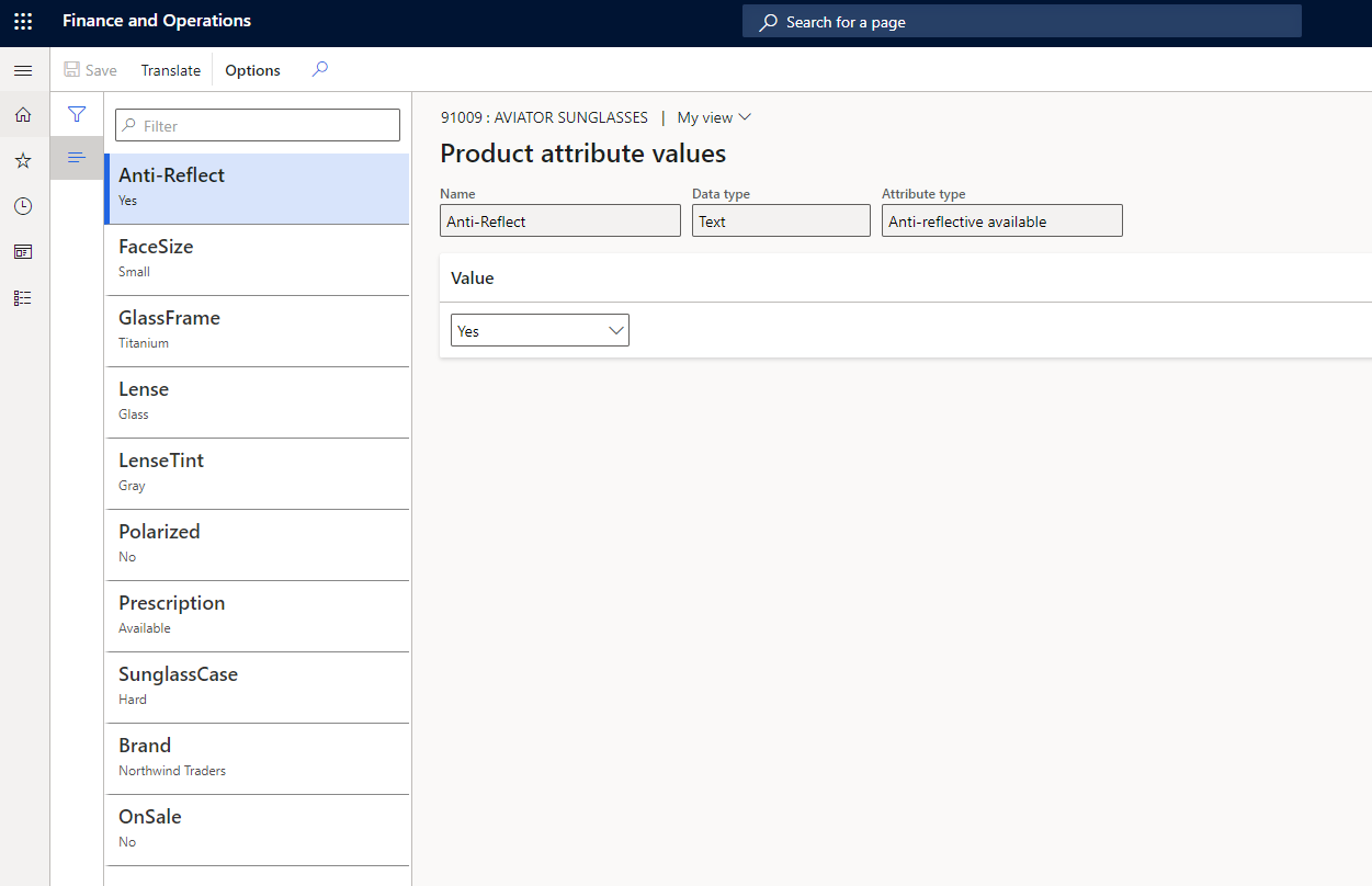 Screenshot of the Product attribute values page.