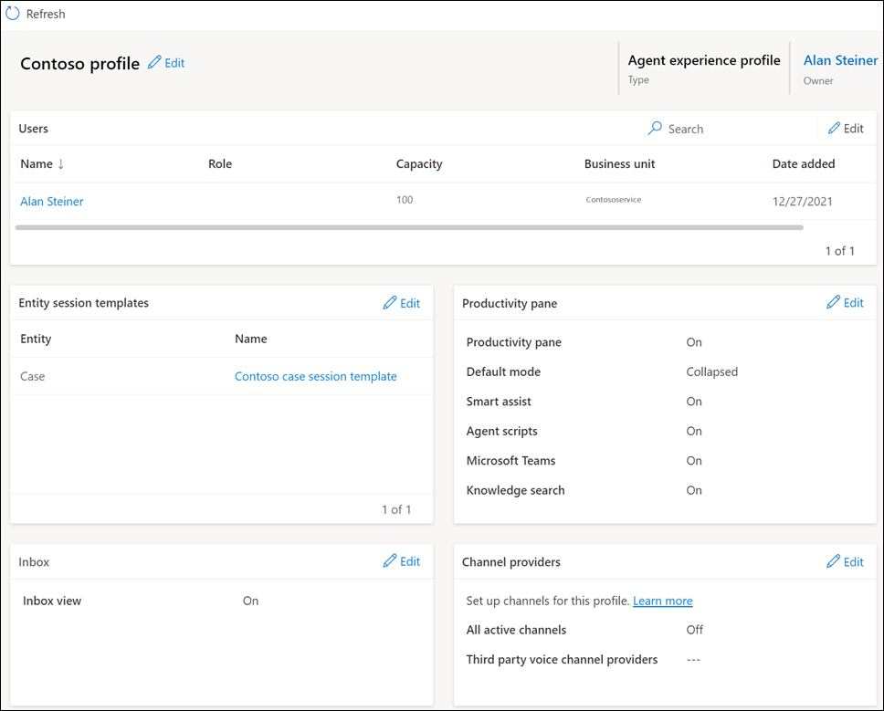 The experience profile with configured settings in Copilot Service admin center.