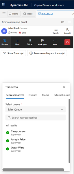 Screenshot of selecting a representative to transfer the call.