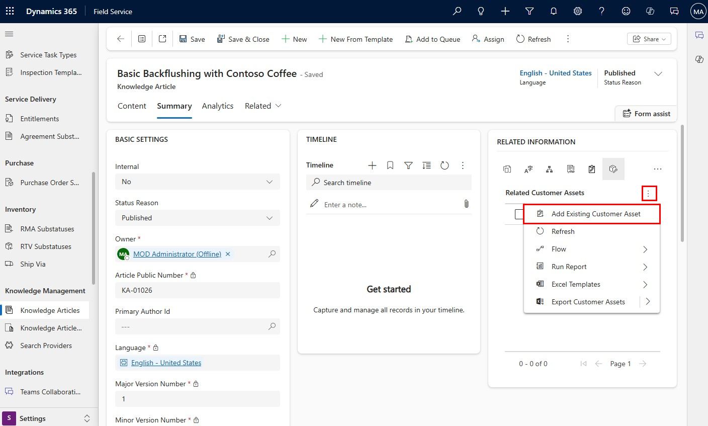 Screenshot of a Field Service knowledge article, showing the related information.
