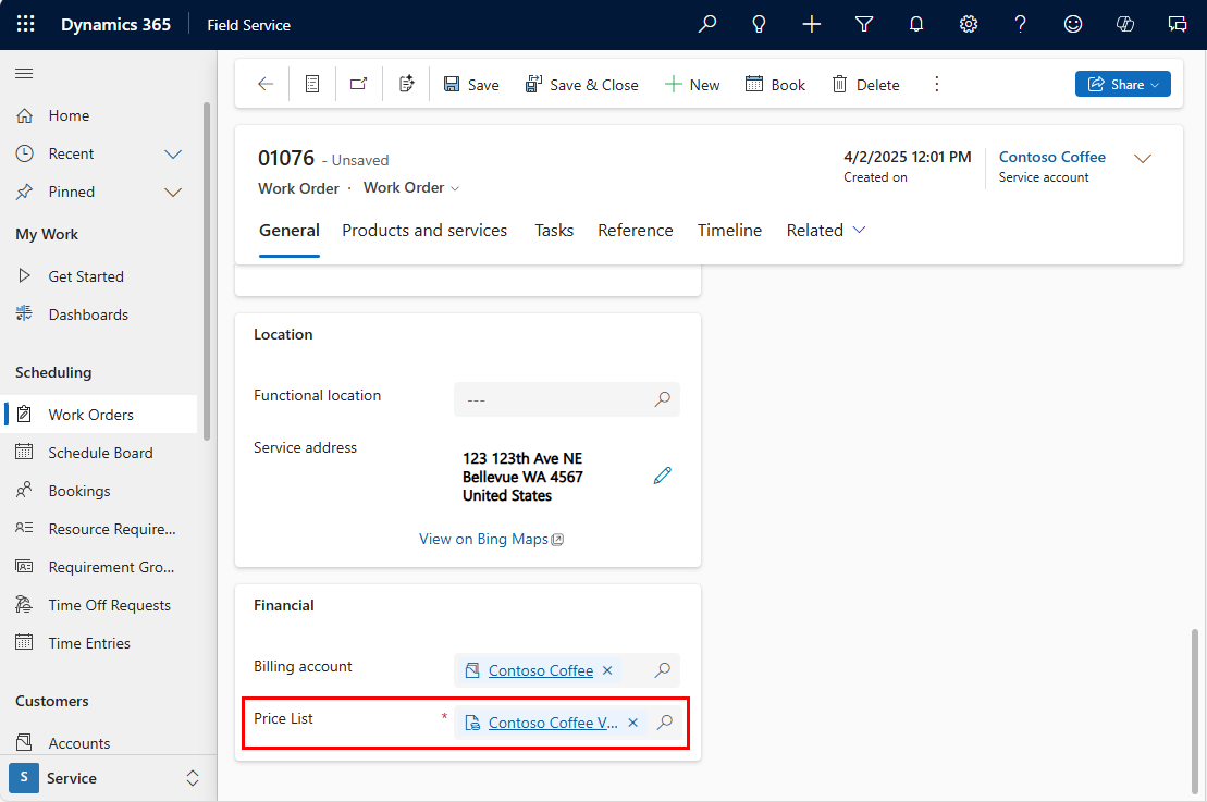 Screenshot of a work order with a highlight on the price list.