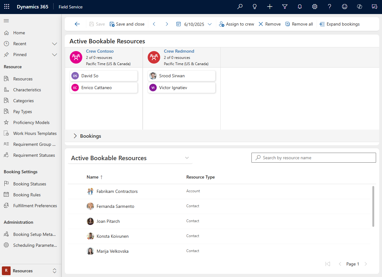 Screenshot of crew allocation page.