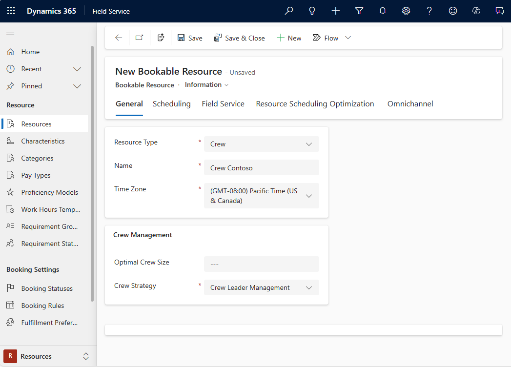 Screenshot of a bookable resource set to crew.