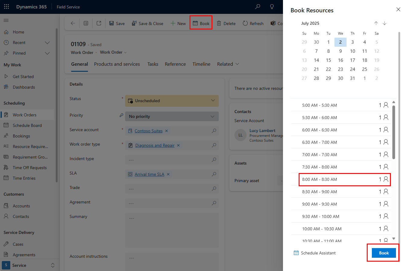 Screenshot of the quick book pane triggered from a work order.