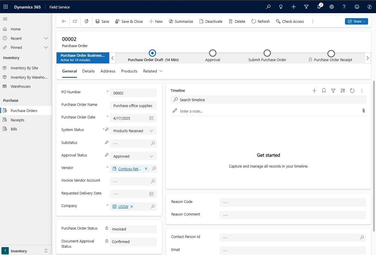 Screenshot of purchase order in Field Service.
