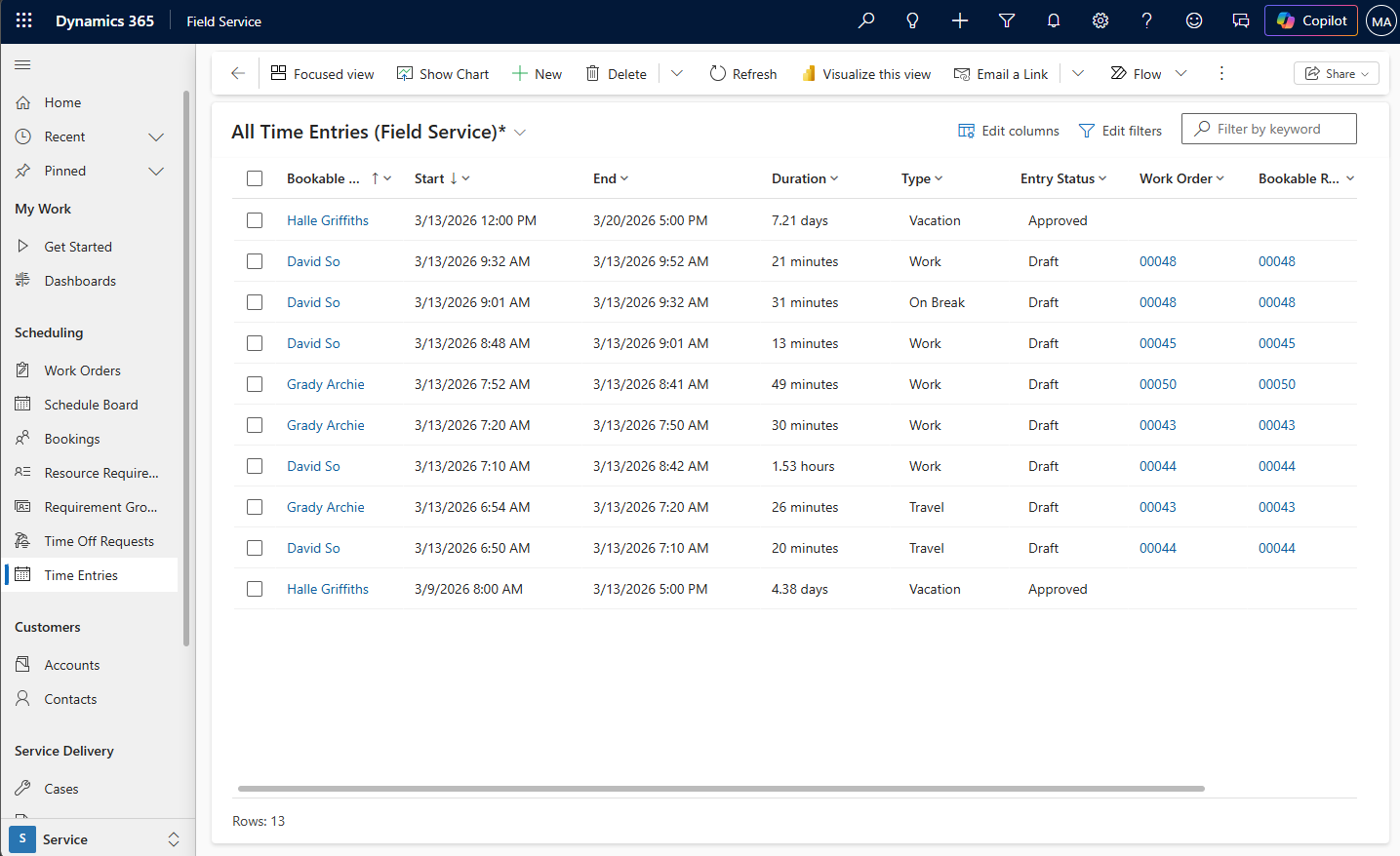 Screenshot of a list of time entries.