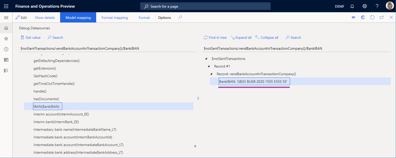 Screenshot of the value of the IBAN field in the model mapping.