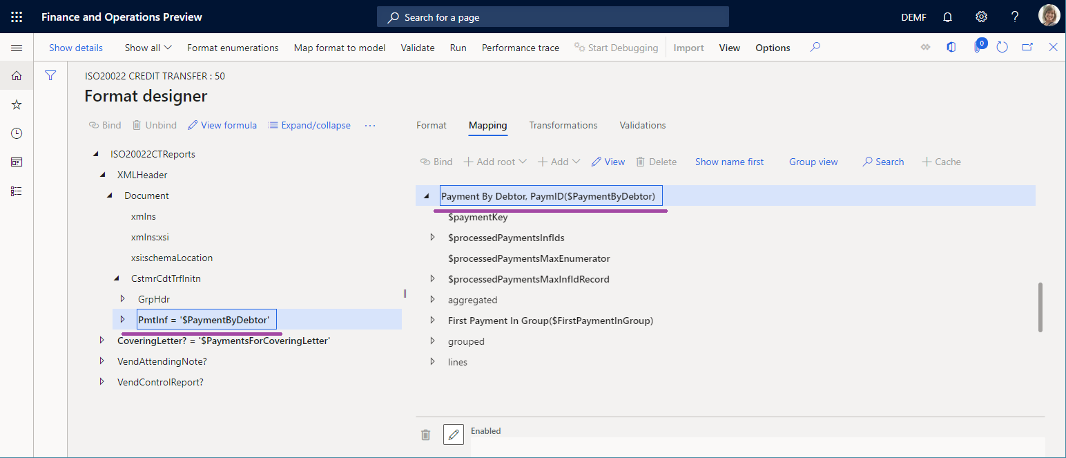 Screenshot of PmtInf element on the Format designer page.