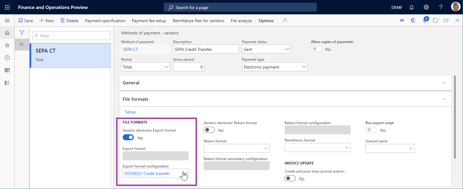 Screenshot of file format settings on the Methods of payment page.
