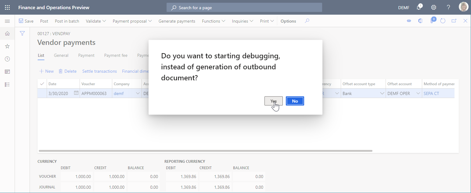Screenshot of confirmation message box for starting data source debugging.