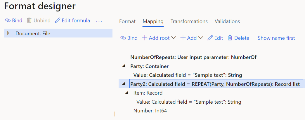 Screenshot of configured data sources on the Mapping tab of the Format designer page.