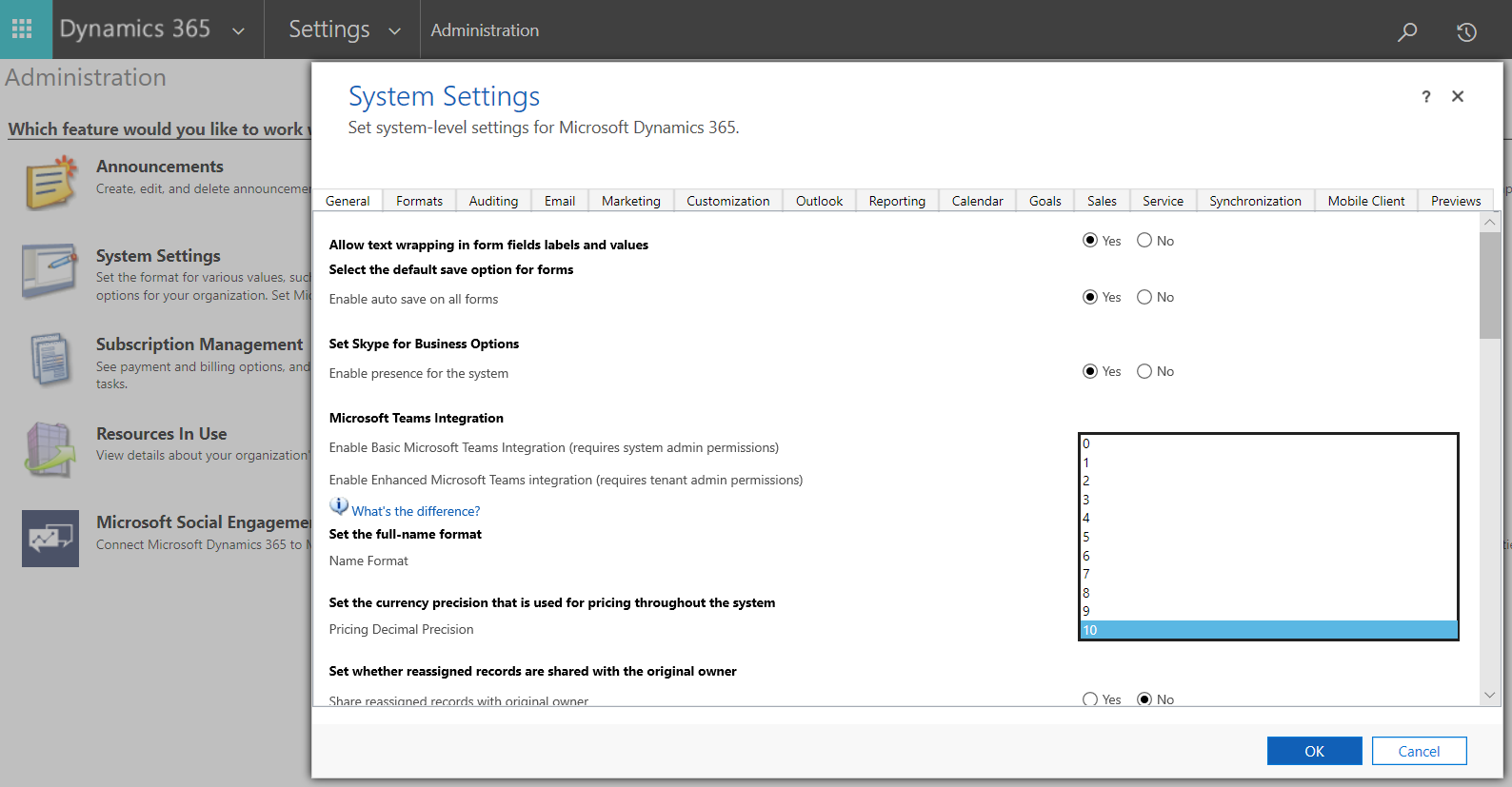 Screenshot of system settings for currency precision configuration.