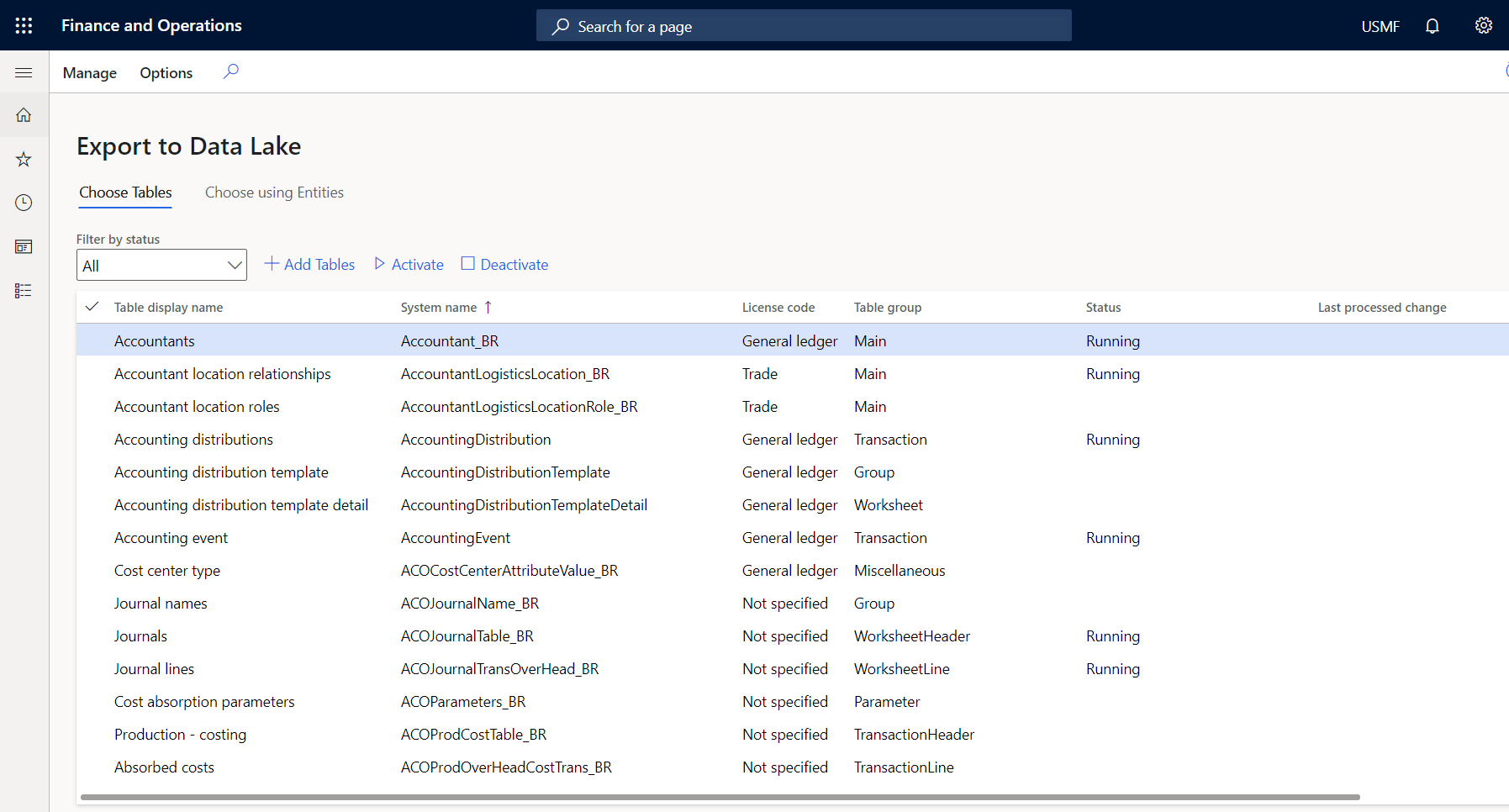 Screenshot of selecting tables in the Export to Data Lake page.
