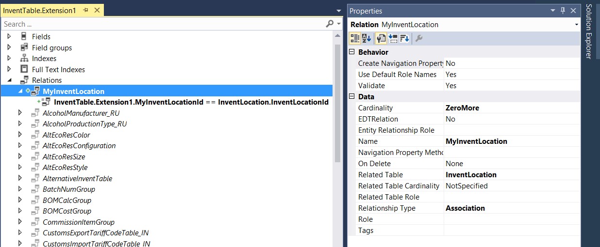 Screenshot of the new relation added to the InventTable table.
