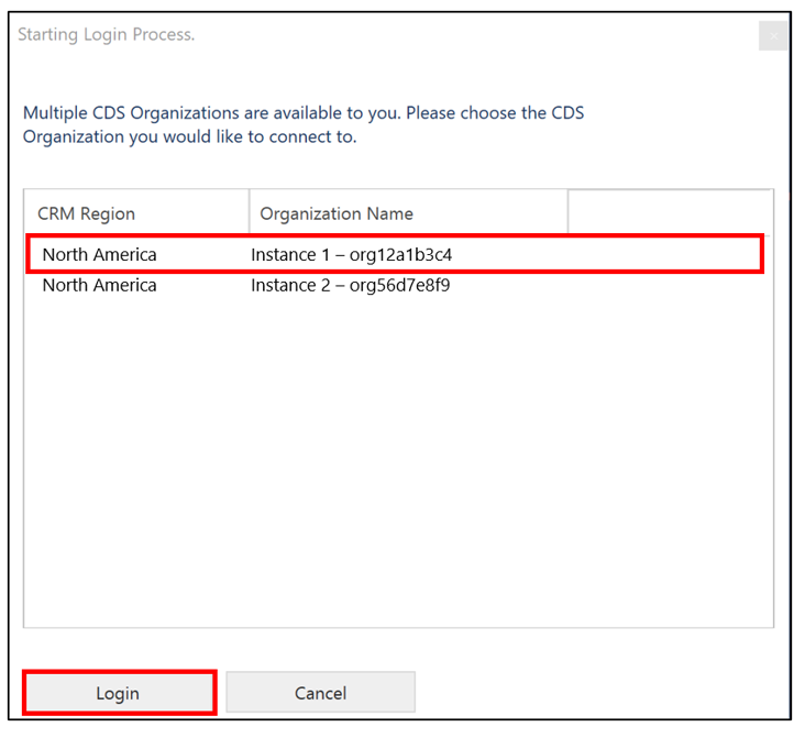 Source environment selected in the Starting Login Process dialog box Source environment selected in the Starting Login Process dialog box.