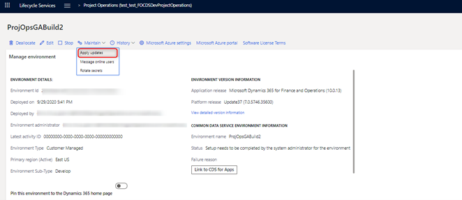 Screenshot of the maintain environment options.