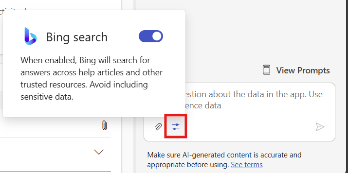 Screenshot of the Copilot side pane in Dynamics 365 Sales, with the Bing consent option highlighted.