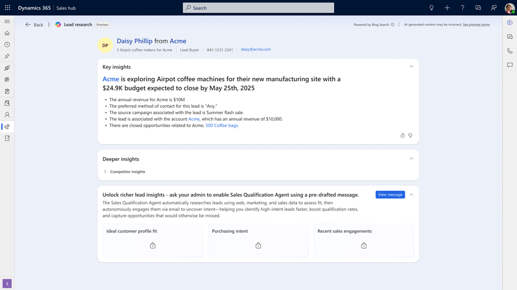 Screenshot of the Copilot lead insights page in Dynamics 365 Sales.